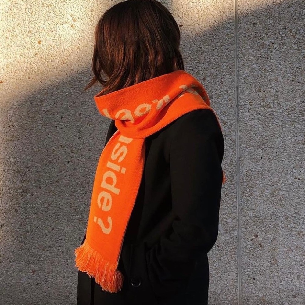 Reversible Orange and Tan Graphic Positive Message Scarf.